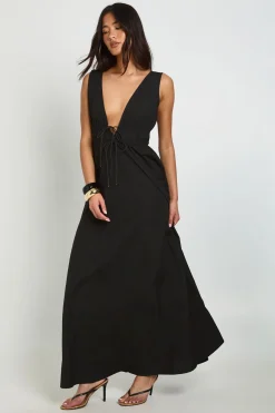 Robe Patineuse Maxi À Décolleté Plongeant En V Avec Nœud Devant
