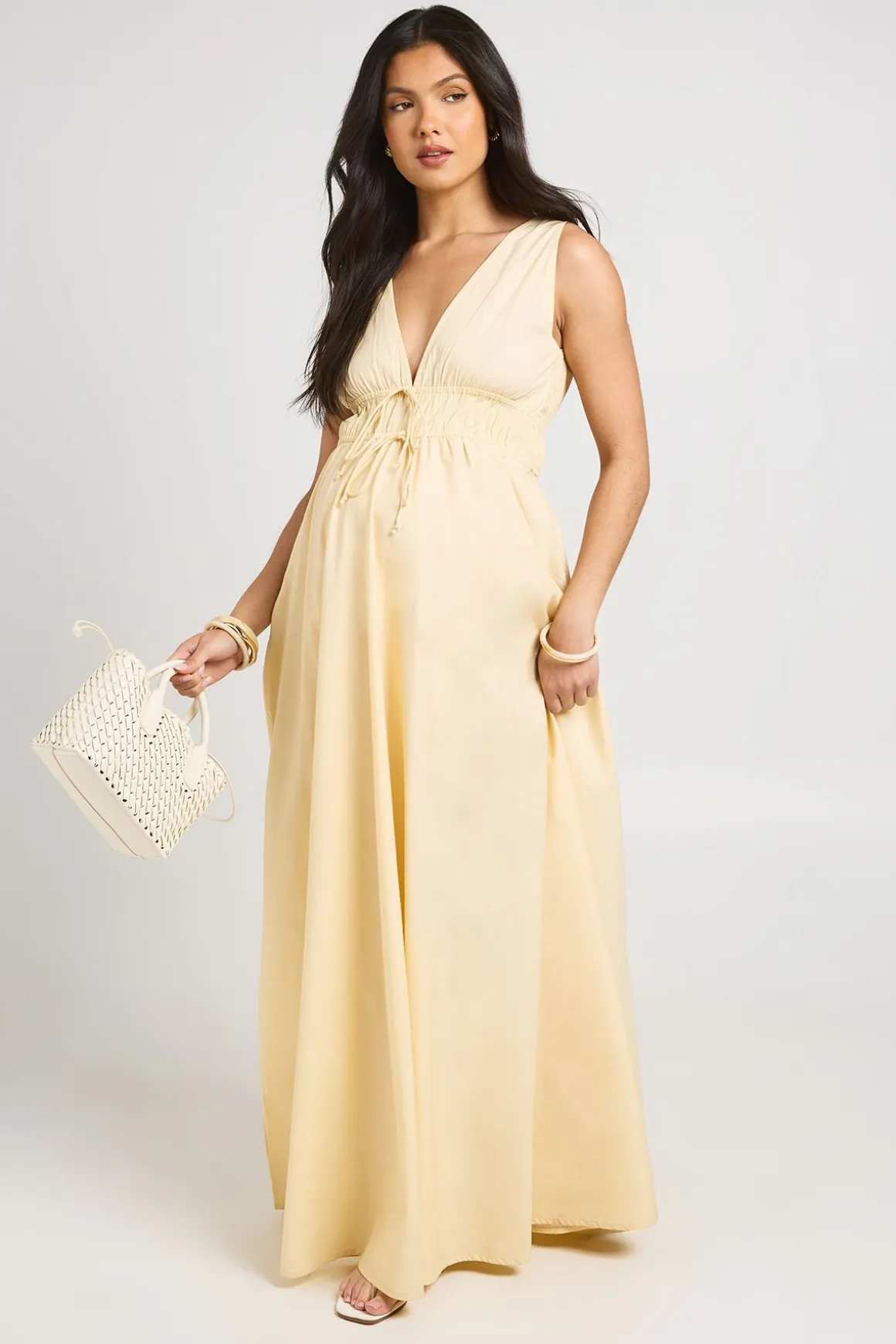 Robe Patineuse Maxi De Maternité À Col V Profond Avec Nœud Devant