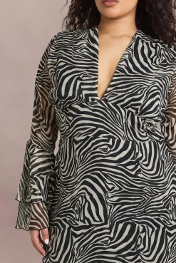 Robe Patineuse Midaxi Grande Taille à Imprimé Zèbre avec Manchettes Évasées et Godets