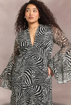 Robe Patineuse Midaxi Grande Taille à Imprimé Zèbre avec Manchettes Évasées et Godets