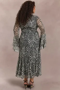 Robe Patineuse Midaxi Grande Taille à Imprimé Zèbre avec Manchettes Évasées et Godets