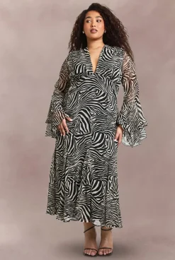 Robe Patineuse Midaxi Grande Taille à Imprimé Zèbre avec Manchettes Évasées et Godets