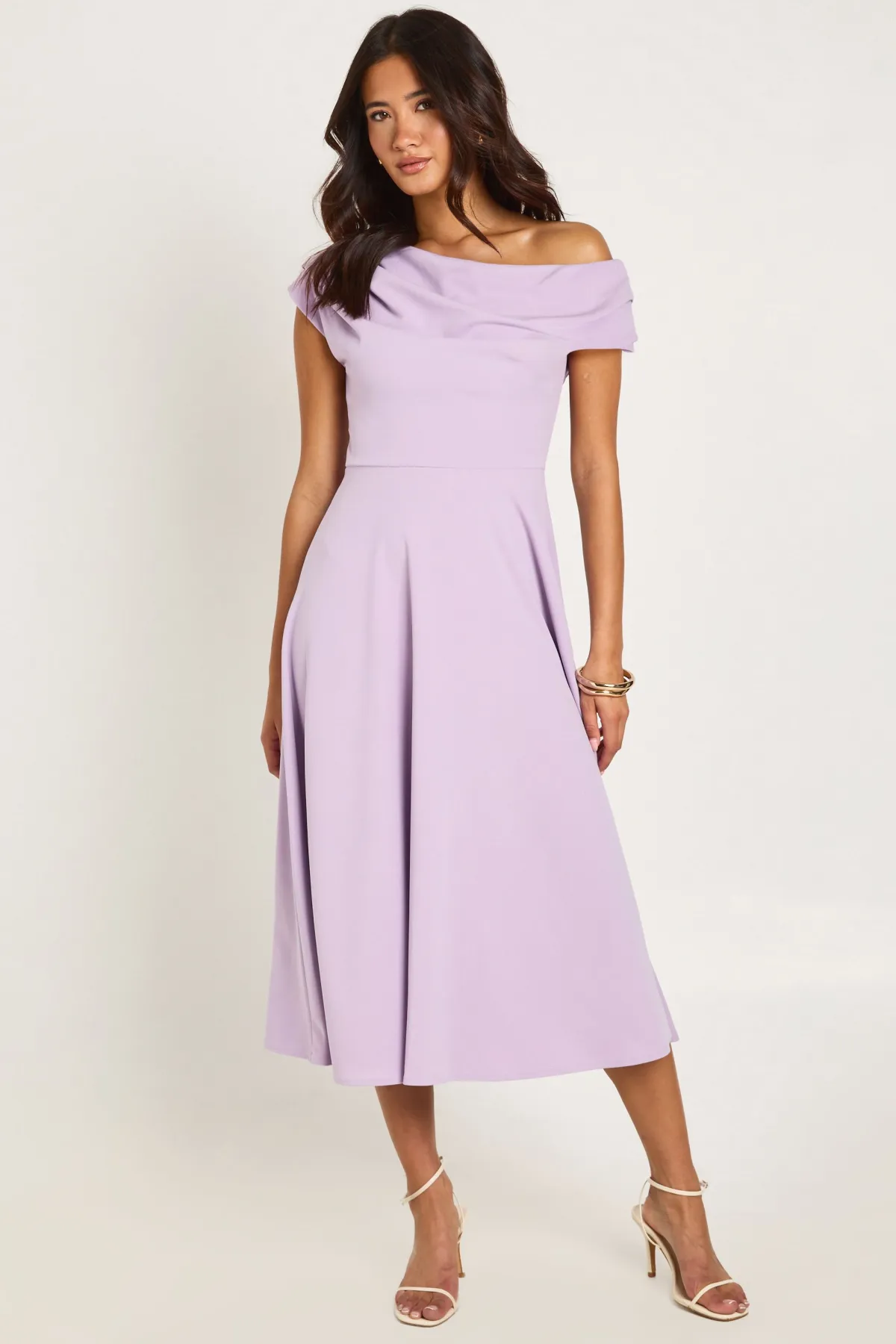boohoo Robe Patineuse Midi En Crêpe Jersey À Épaules Drapées<Femme Robes Mi-Longues|Robes Patineuses