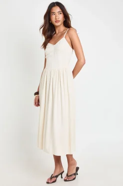 boohoo Robe Patineuse Midi En Lin Premium Avec Détail Corset<Femme Robes Corset|Robes Patineuses