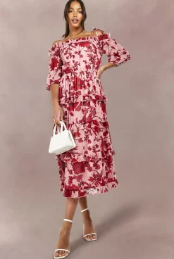 boohoo Robe Patineuse Midi Étagée À Épaules Dénudées En Dobby Fleuri Tall<Femme Robes Mi-Longues|Robes