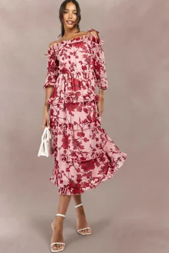 boohoo Robe Patineuse Midi Étagée À Épaules Dénudées En Dobby Fleuri Tall<Femme Robes Mi-Longues|Robes