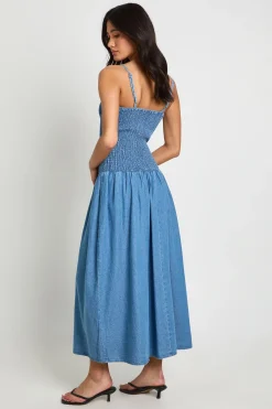 Robe Patineuse Mi-longue En Chambray À Corsage Froncé