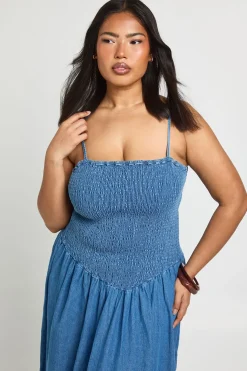 Robe Patineuse Mi-longue Grande Taille En Chambray À Smocks