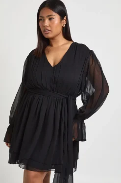 Robe Patineuse Mini Grande Taille en Mousseline à Manches Bouffantes et Taille Nouée