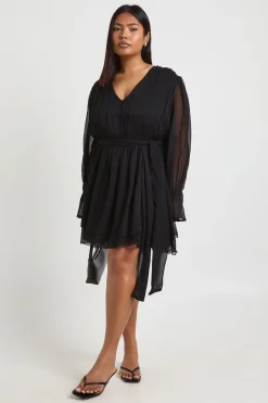 Robe Patineuse Mini Grande Taille en Mousseline à Manches Bouffantes et Taille Nouée