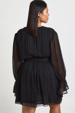 Robe Patineuse Mini Grande Taille en Mousseline à Manches Bouffantes et Taille Nouée