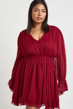 boohoo Robe Patineuse Mini Grande Taille en Mousseline à Manches Bouffantes et Ceinture Nouée<Femme Robes Patineuses|Robes À Manches Longues