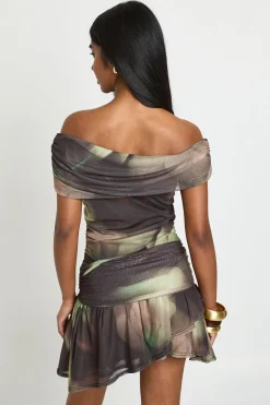 Robe Patineuse Moulante À Épaules Dénudées En Mesh À Imprimé Floral Flou Avec Détails Froncés