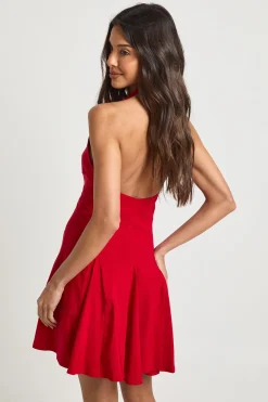 Robe Patineuse Plissée à Col Halter en Bengaline