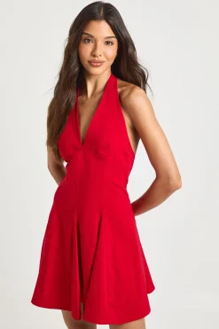 Robe Patineuse Plissée à Col Halter en Bengaline