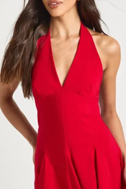 Robe Patineuse Plissée à Col Halter en Bengaline
