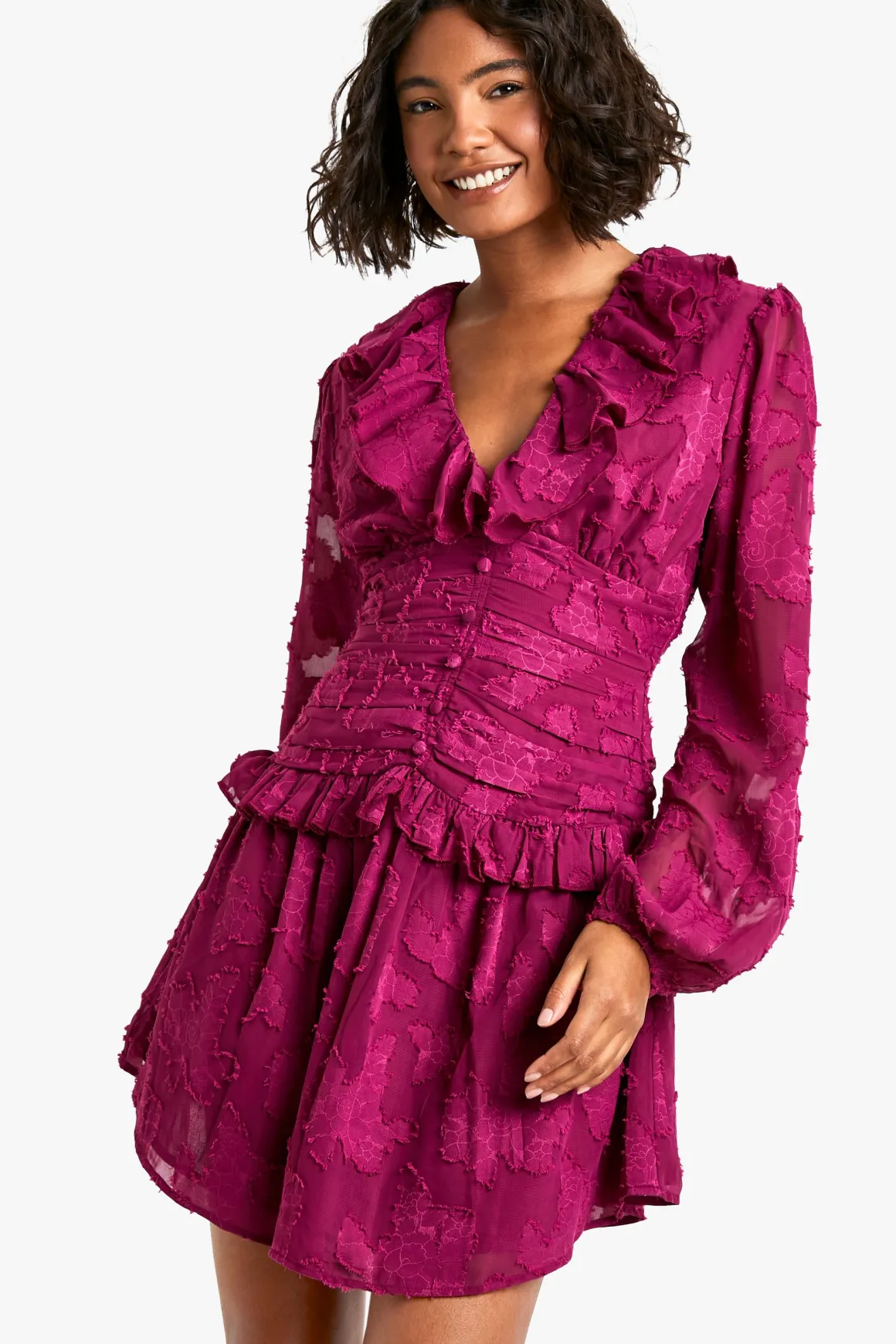 Robe Patineuse Plissée à Décolleté Plongeant avec Volants et Motif Floral Dévoré Tall