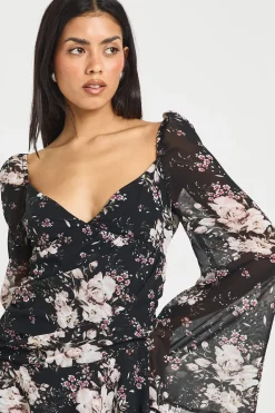 boohoo Robe Patineuse Plissée à Imprimé Floral et Décolleté Cœur Froncé<Femme Robes Patineuses|Robes À Manches Longues