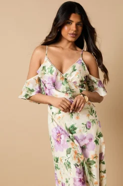 Robe à Épaules Dénudées en Satin Brûlé Floral Petite Taille