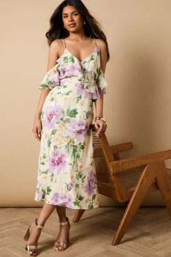 Robe à Épaules Dénudées en Satin Brûlé Floral Petite Taille