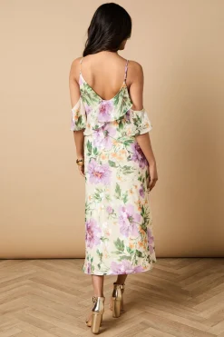 Robe à Épaules Dénudées en Satin Brûlé Floral Petite Taille
