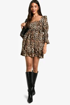 boohoo Robe peignoir léopard à manches bouffantes froncées<Femme Looks Chocolat|Robes Patineuses