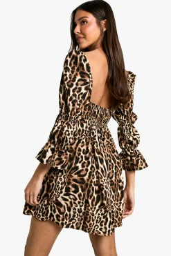 boohoo Robe peignoir léopard à manches bouffantes froncées<Femme Looks Chocolat|Robes Patineuses