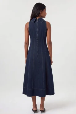 Robe Petite En Denim À Col Cheminée Et Jupe Évasée