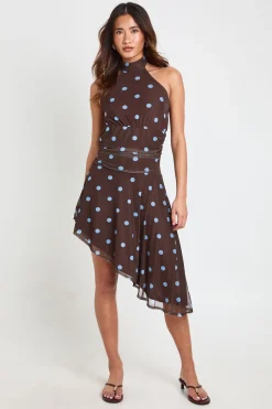 Robe À Pois En Mesh Col Licou Taille Cintrée Ourlet Asymétrique