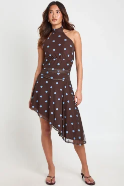Robe À Pois En Mesh Col Licou Taille Cintrée Ourlet Asymétrique