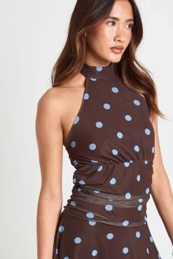 Robe À Pois En Mesh Col Licou Taille Cintrée Ourlet Asymétrique