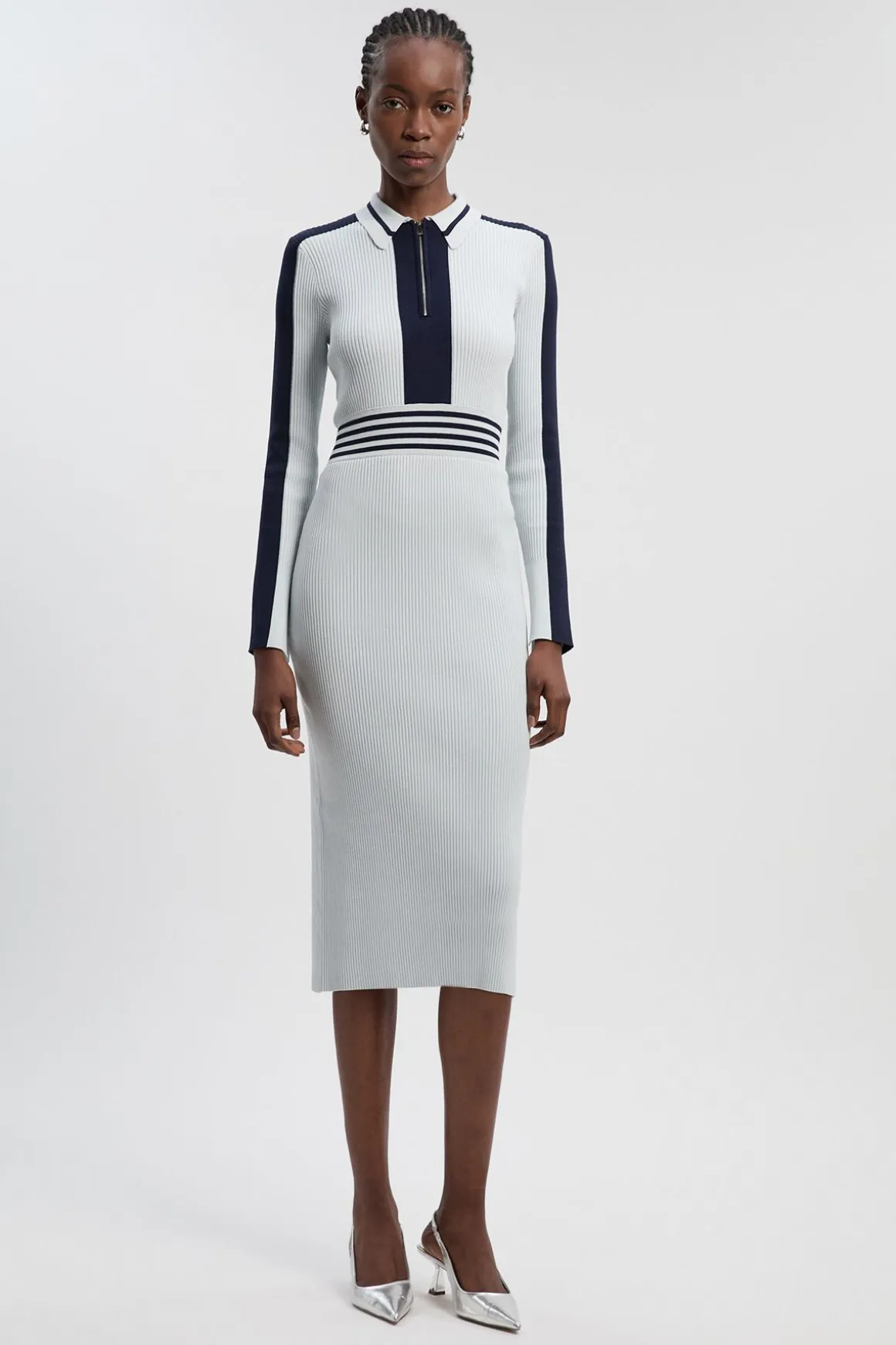 Robe polo midi zippée en tricot côtelé