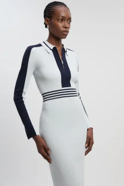 Robe polo midi zippée en tricot côtelé