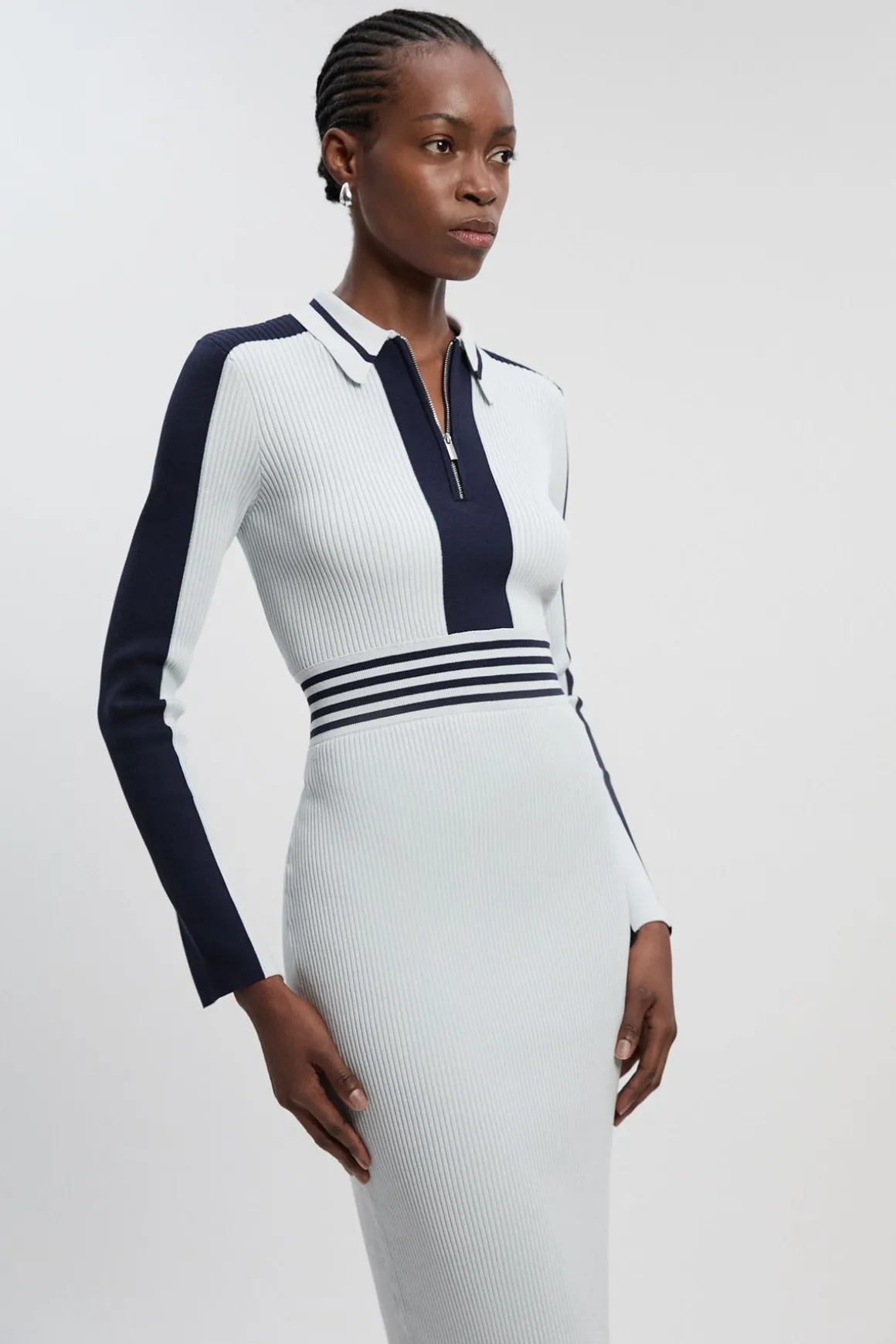 Robe polo midi zippée en tricot côtelé