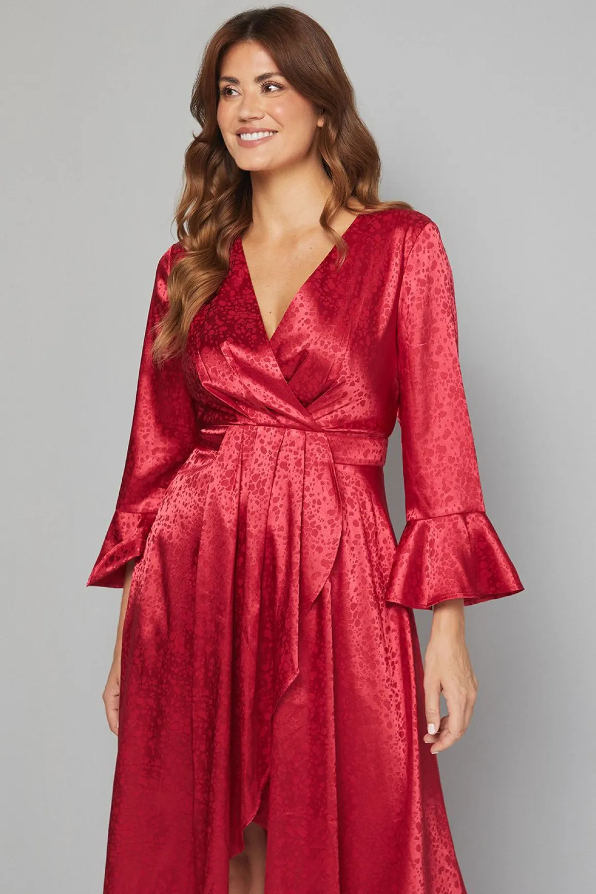 Robe Portefeuille en Satin Jacquard à Volants