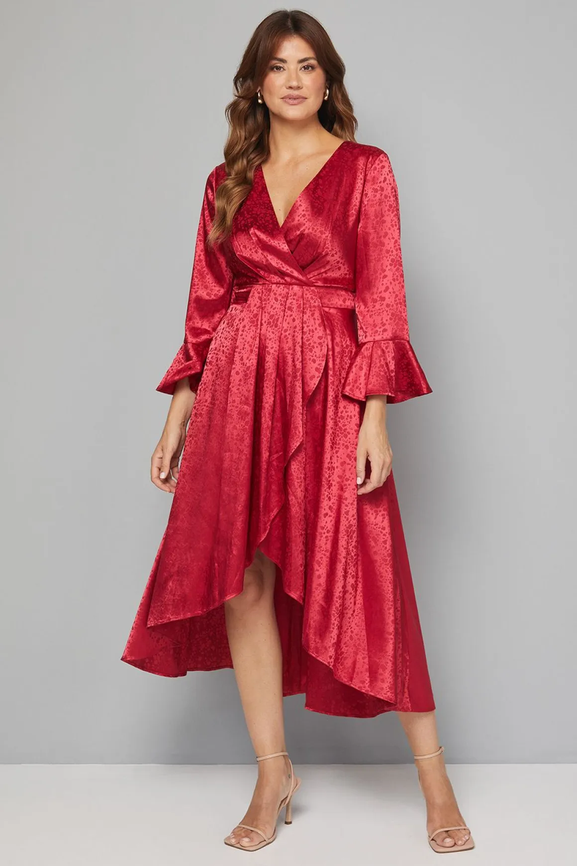 Robe Portefeuille en Satin Jacquard à Volants