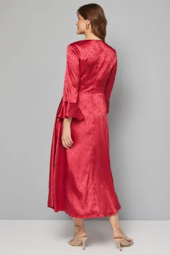Robe Portefeuille en Satin Jacquard à Volants
