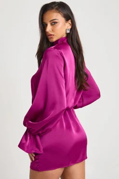 boohoo Robe portefeuille en satin style blouson<Femme Satin Et Dentelle|Robes À Manches Longues