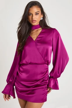 boohoo Robe portefeuille en satin style blouson<Femme Satin Et Dentelle|Robes À Manches Longues
