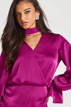 boohoo Robe portefeuille en satin style blouson<Femme Satin Et Dentelle|Robes À Manches Longues