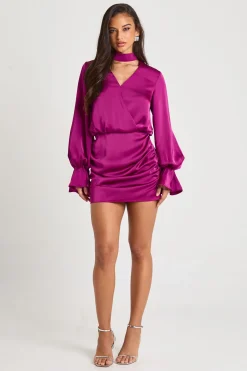 boohoo Robe portefeuille en satin style blouson<Femme Satin Et Dentelle|Robes À Manches Longues