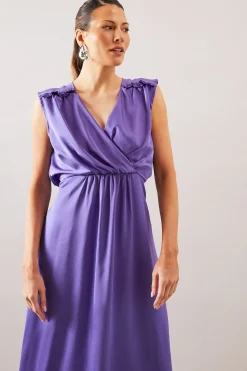 Robe Portefeuille en Satin à Taille Froncée