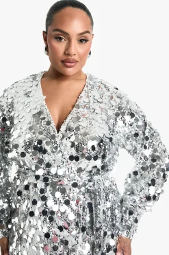 boohoo Robe portefeuille en sequins grande taille<Femme Robes À Manches Longues|Robes