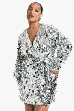 boohoo Robe portefeuille en sequins grande taille<Femme Robes À Manches Longues|Robes