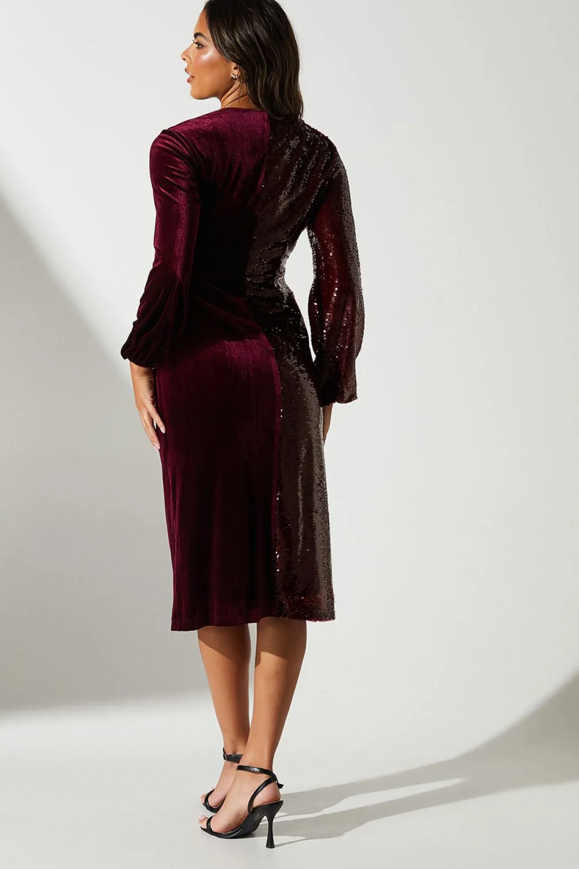 Robe Portefeuille en Velours à Sequins Manches Longues de Soirée