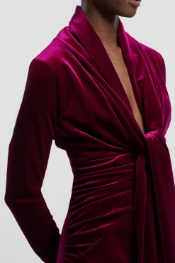 Robe portefeuille maxi en velours à manches longues avec décolleté en V