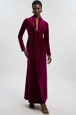 Robe portefeuille maxi en velours à manches longues avec décolleté en V