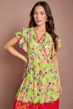Robe Portefeuille Mi-longue Imprimée Avec Empiècement En Dentelle