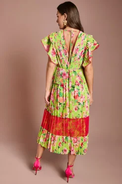 Robe Portefeuille Mi-longue Imprimée Avec Empiècement En Dentelle