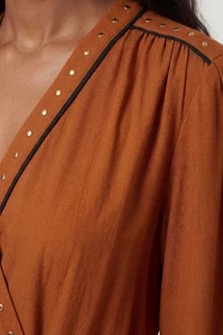 Robe Portefeuille Tissée En Viscose Et Lin Premium Avec Détails Cloutés